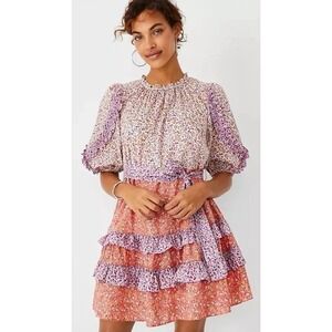 ANN TAYLOR FLORAL RUFFLE FLARE DRESS Women's 6 Garden Party Prairie Boho Peasant